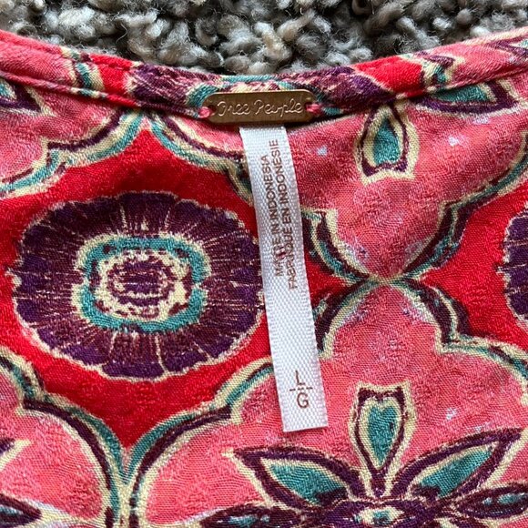 Free People Womens Large Red/Pink Floral Boho Vneck Blouse - Picture 2 of 7